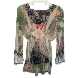 Mushka by Sienna Rose Boho Floral Top, Green and Coral - Size Small